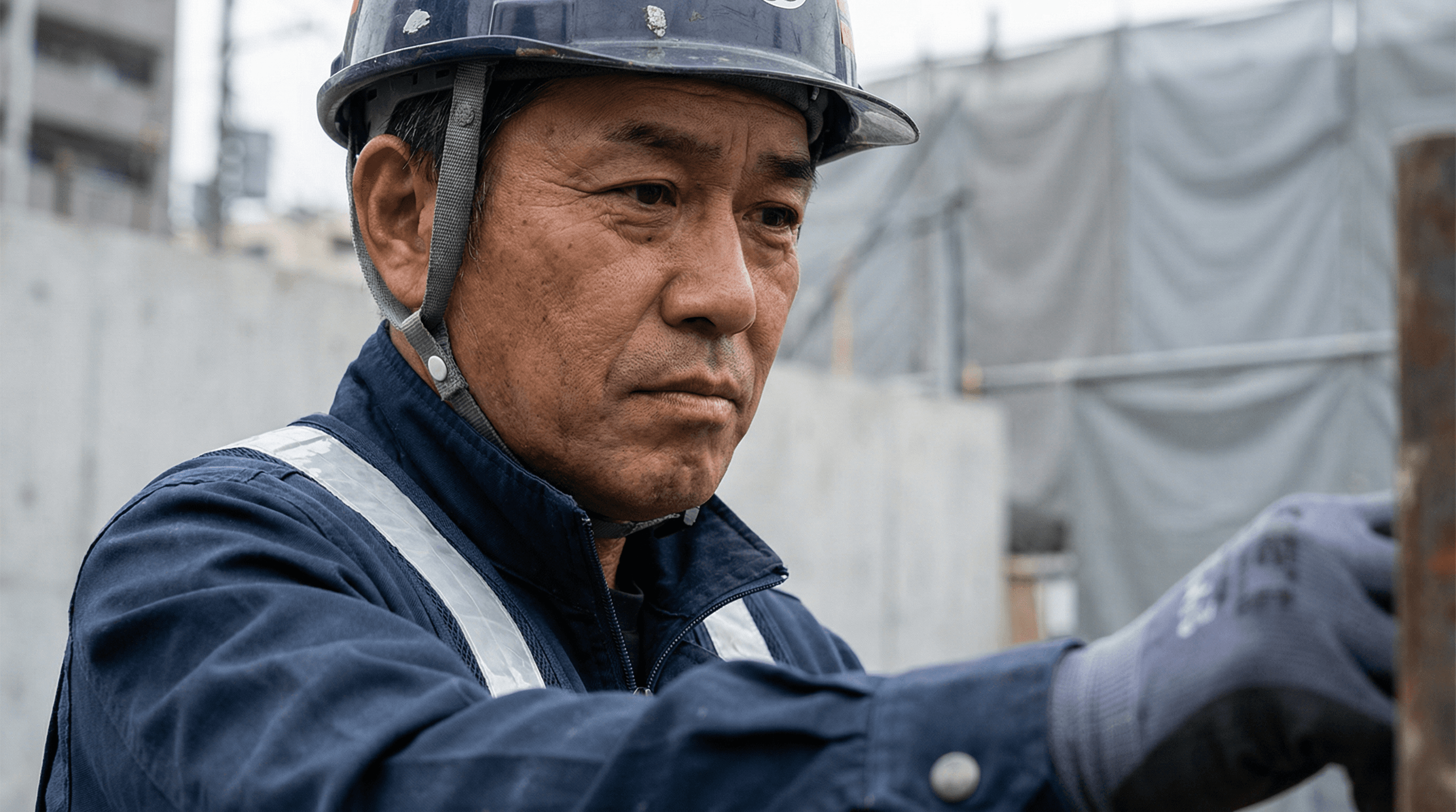 ヘルメットを被った職人の真剣な眼差し